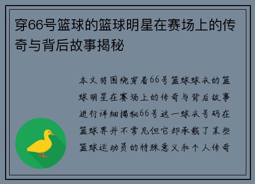 穿66号篮球的篮球明星在赛场上的传奇与背后故事揭秘